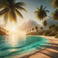 A picturesque tropical beach scene bathed in golden hour light, featuring calm turquoise waters and tall palm trees. The warm tones and tranquil setting create a perfect backdrop for relaxation and