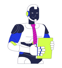 Smiling robot tie holding tablet 2D cartoon character. Futuristic humanoid office worker manager isolated personage flat vector on white background. Robotics company. Spot illustration colorful