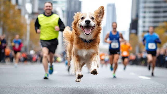 A happy dog leaps joyfully among runners in the middle of a city race, capturing the thrill and dynamic atmosphere of the event, with participants blurred in motion around him.