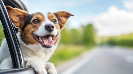 A dog joyfully peeks out of the car window enjoying the ride on a sunny day, capturing the exhilaration and carefree nature of a road trip.