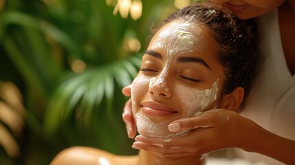 A therapist gently applies a facial treatment to a smiling client in a calming spa environment