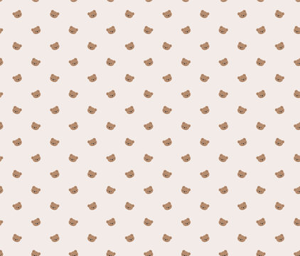 hand drawn cute brown teddy bear face on a pastel beige background, kids seamless pattern for textile or fabric