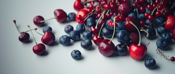 A vibrant assortment of fresh cherries and blueberries scattered on a clean, white surface, showcasing their deep red and blue hues, ripe and ready to eat.