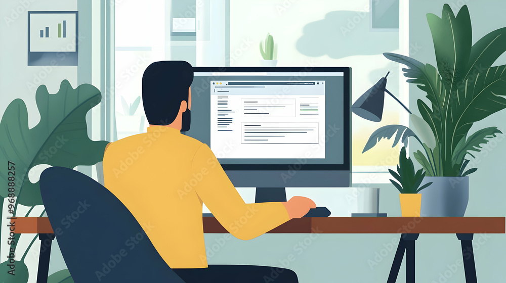 Poster man working on a digital invoice at a computer desk in a home office setting with plants, representi