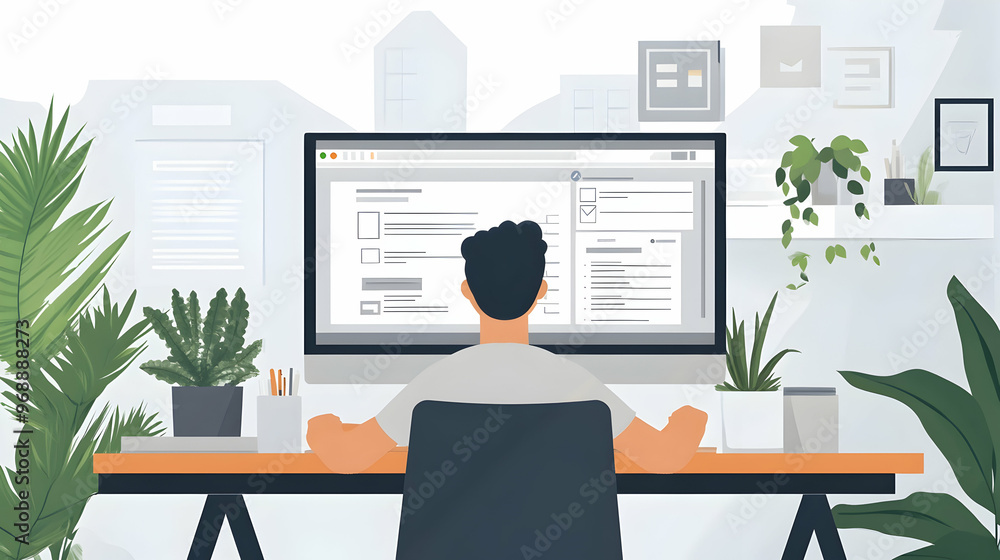 Poster man working on a digital invoice at a computer desk in a home office setting with plants, representi