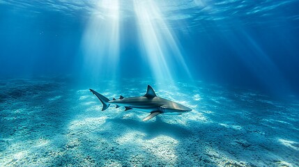 A single shark swims in a beam of sunlight in clear blue water.