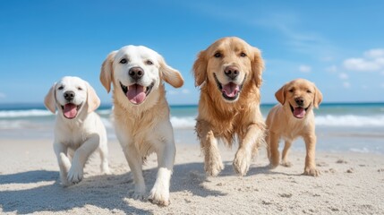 Group of dogs cheerfully running on the sandy beach towards the camera on a clear sunny day, showcasing their joy, enthusiasm, and playful nature.