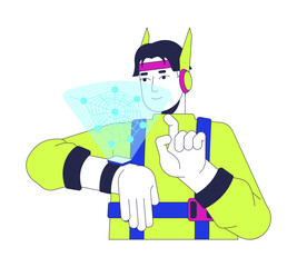 Futuristic man wristwatch hologram touching 2D cartoon character. Scifi technology. Gadget futurism techwear asian man isolated person flat vector on white background. Spot illustration colorful