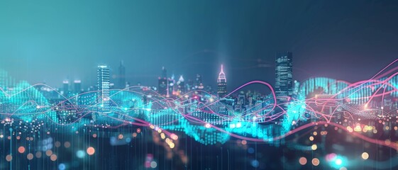 Obraz premium A futuristic cityscape with bright neon lines and lights intertwining above the skyline, evoking technological advancement and a bustling urban environment.