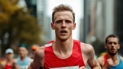Determined Male Marathon Runner in Red Jersey Competing in Urban Race with Blurred City Background
