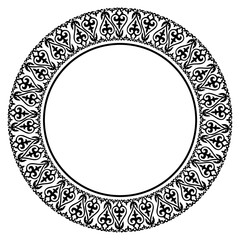 Monochrome round ethnic frame of the peoples of Central Asia. Traditional ornament of Asian nomads: Mongols, Kazakhs, Kirghiz, Bashkirs, Tatars. For dishes, textiles, embroidery, felt, sandblasting