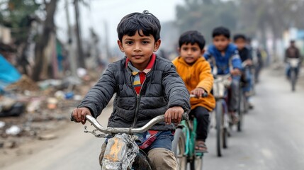 A group of children rides their bicycles in an urban environment, highlighting their innocence and joy in exploring and playing in the midst of a bustling city setup.