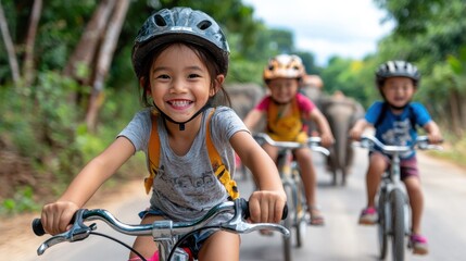 Fototapeta premium A delighted group of children ride their bikes along a road surrounded by lush greenery, accompanied by elephants, creating a serene and joyful blend of nature and childhood play.