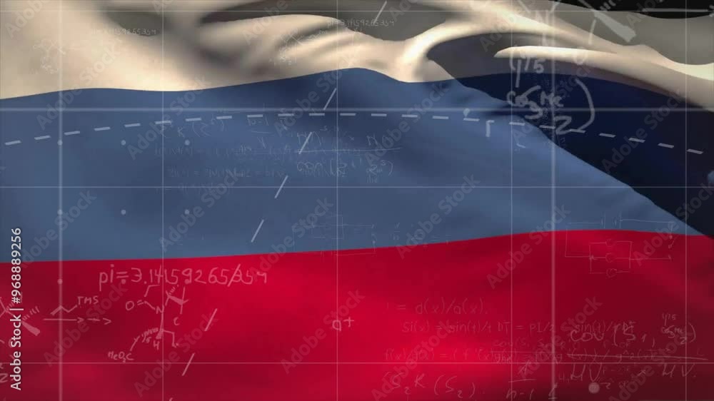 Aufkleber animation of mathematical data processing over flag of russia