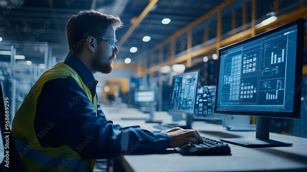 Aufkleber 45. a logistics operator working with a warehouse management system on a computer