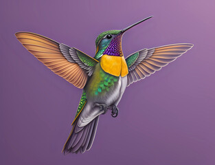 Obraz premium fliegender Kolibri vor einem lila Hintergrund