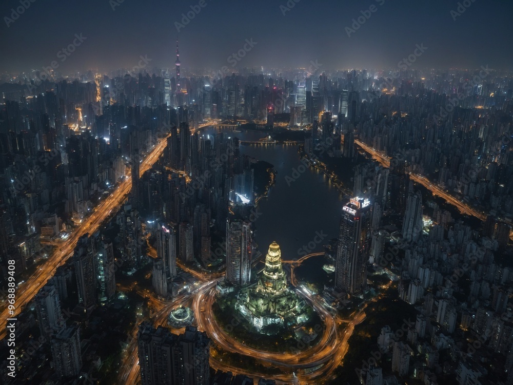 Poster nighttime aerial view of densely populated city skyline with tall skyscrapers and illuminated street