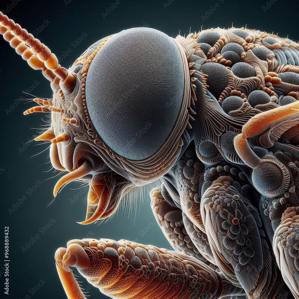 Poster a macro image displaying the intricate head structure of an insect, focusing on the detailed texture
