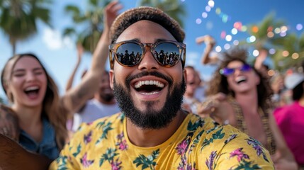A lively beach party with a diverse group of friends having a great time under the sun, surrounded by palm trees and festive decorations, showcasing pure happiness and connection.