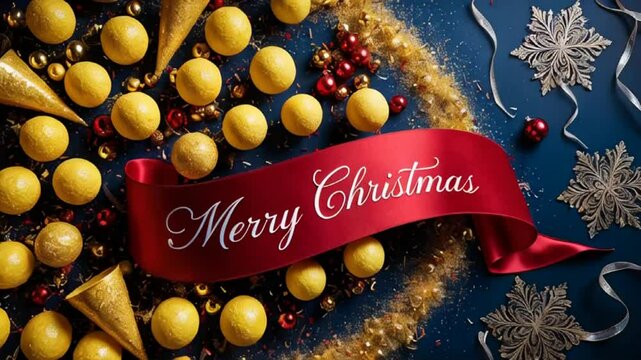 Beautiful shiny balls, inscription merry christmas banner