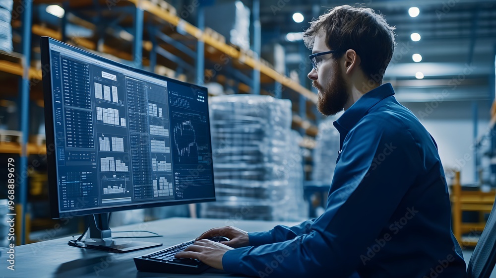 Aufkleber 45. a logistics operator working with a warehouse management system on a computer