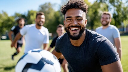 A group of friends enjoy playing soccer on a sunny day in a park, showcasing their joy and enthusiasm while kicking the ball around in the lush green grounds.