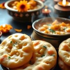 Golden puris and spiced potato curry served with marigold petals and diyas