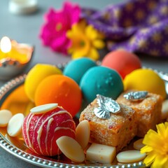 Vibrant Plate of Ladoos and Barfi on a Silver Tray for Bhai Dooj