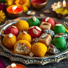 Colorful Festive Sweets: Ladoos and Barfi Decorated for Bhai Dooj Celebration