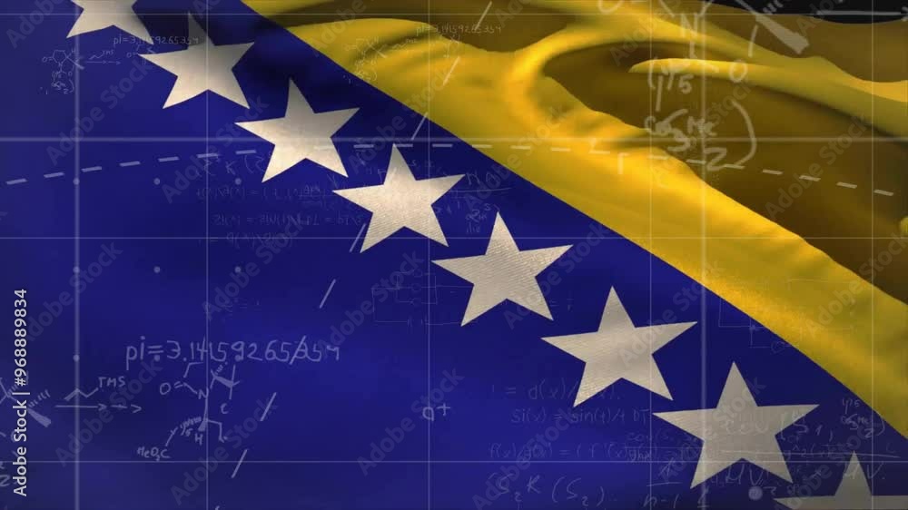 Poster animation of mathematical data processing over flag of bosnia and herezegovina
