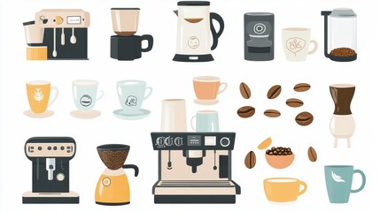 Artistic set of vector coffee machines and coffee drinks isolated on brown background,hand-drawn vector,coffee cups and coffee beans,modern flat design,Fashionable and cute coffee motif concept.