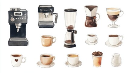 Artistic set of vector coffee machines and coffee drinks isolated on brown background,hand-drawn vector,coffee cups and coffee beans,modern flat design,Fashionable and cute coffee motif concept.