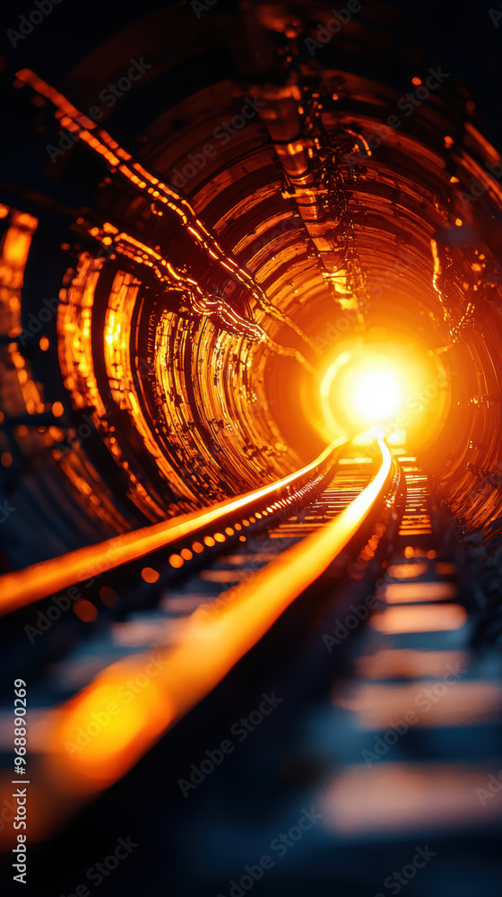 Poster crosssection of an underground tunnel system with intricate mechanical components, revealing the com