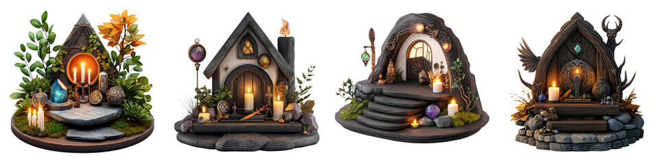 Whimsical miniature houses adorned with candles, crystals, and nature elements, perfect for creating enchanting scenes.