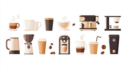 Artistic set of Watercolor coffee machines and coffee drinks isolated on brown background,hand-drawn vector,coffee cups and coffee beans,modern flat design,Fashionable and cute coffee motif concept.