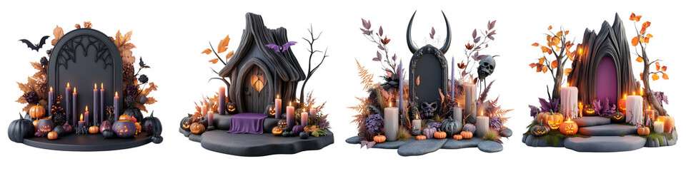 Whimsical Halloween graveyard scene with eerie houses, candles, and spooky decorations, perfect for festive celebrations.