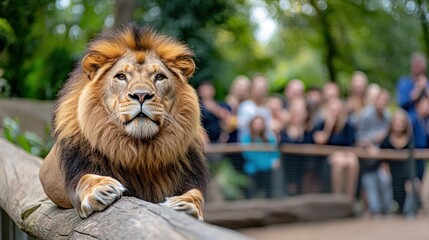 A majestic lion peacefully rests on a log within its enclosure, exuding a calm presence as people watch from behind a fence, blending tranquility and curiosity.
