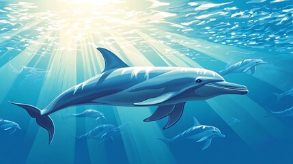 Obraz premium A pod of dolphins swims through the clear blue water, sunlight beaming down from above.