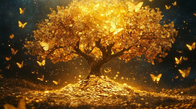 golden tree - money tree - magical light - free space - editing 
