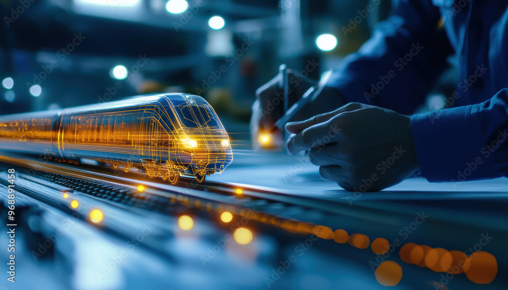 Poster detailed design of a highspeed train powered by complex mechanical systems, with engineers reviewing