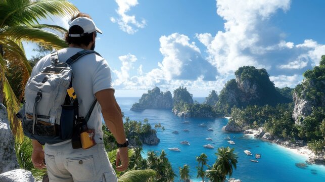 An adventurer with a backpack stands on a cliff, looking out over a breathtaking coastal tropical paradise with clear blue waters, lush vegetation, and scattered islands. - Powered by Adobe