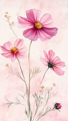 Watercolor Illustration set of Pink cosmos flowers on a white background,spring summer nature,Vibrant pink cosmos blooming,Children's card,banner,raindrops drawn by hand.
