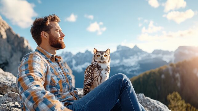 A man in a checkered shirt and jeans sits on a mountain rock with a scenic backdrop, accompanied by an owl perched beside him, appreciating the breathtaking mountain landscape.