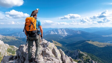 A man with an orange backpack, holding trekking poles and standing on a mountain peak, has a bird perched on his backpack, overlooking a vast mountain range vista.
