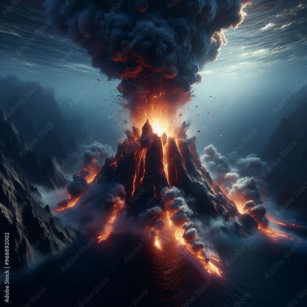 Poster a dramatic and intense image of an erupting volcano with molten lava flowing down its slopes and thi
