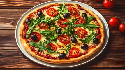 Vegan Pizza with Arugula Tomatoes and Olives on Wooden Surface