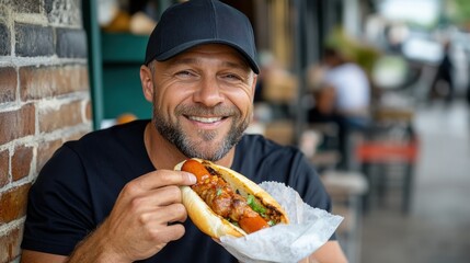 A man in a black T-shirt and cap, holding a hot dog with various toppings and smiling, enjoying his meal while sitting at an outdoor food stall with a brick backdrop.