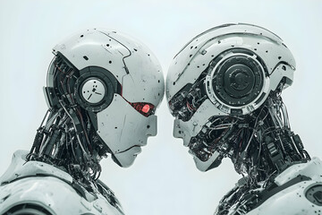 Fototapeta premium Two Advanced Robots Facing Off Representing AI Confrontation and Technological Rivalry