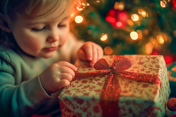 Young child curiously examining beautifully wrapped Christmas gift with red ribbon bow, set against backdrop of festive holiday lights and decorated Christmas tree