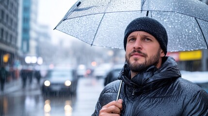 A man wearing a black jacket and beanie, holding an umbrella while standing in the rain in a city setting, with blurry cars and buildings in the background, depicting endurance.
